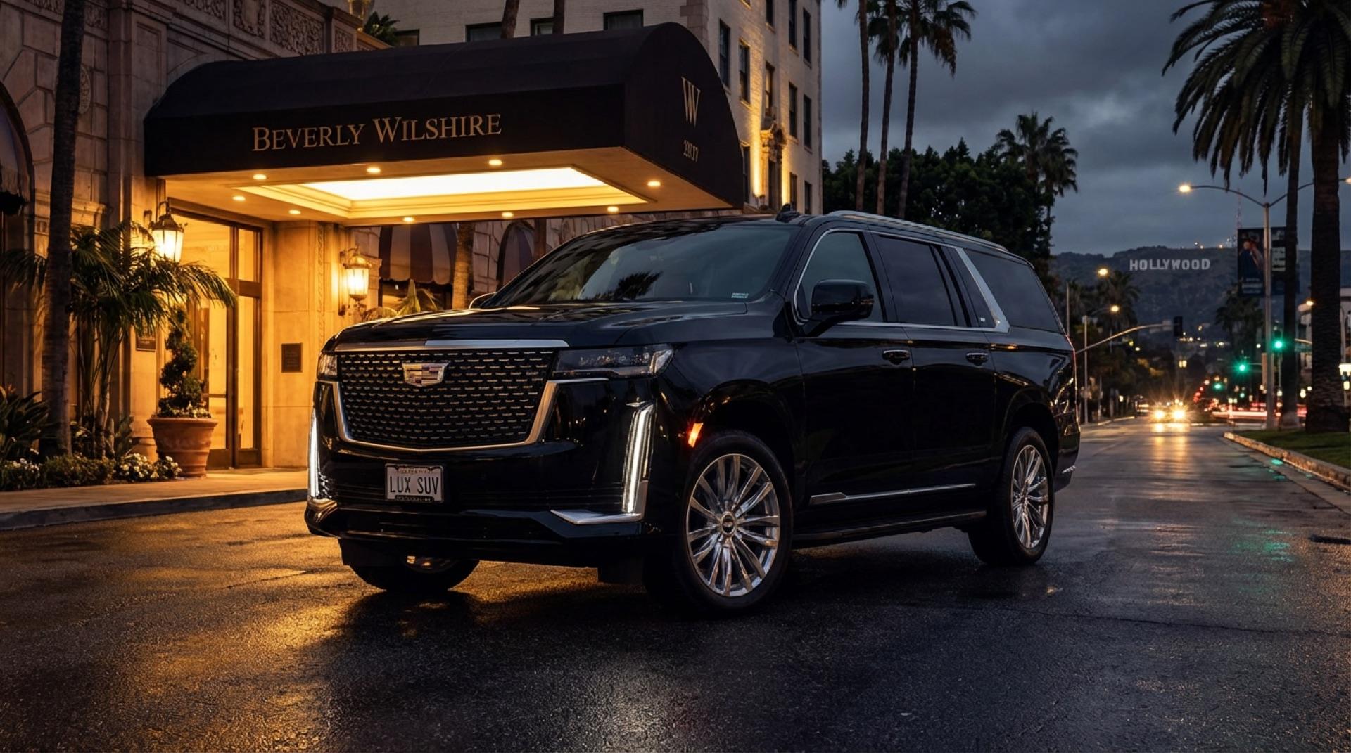 Black Cadillac Escalade ESV at the Beverly Wilshire Hotel at night. Continental Luxury Car Service